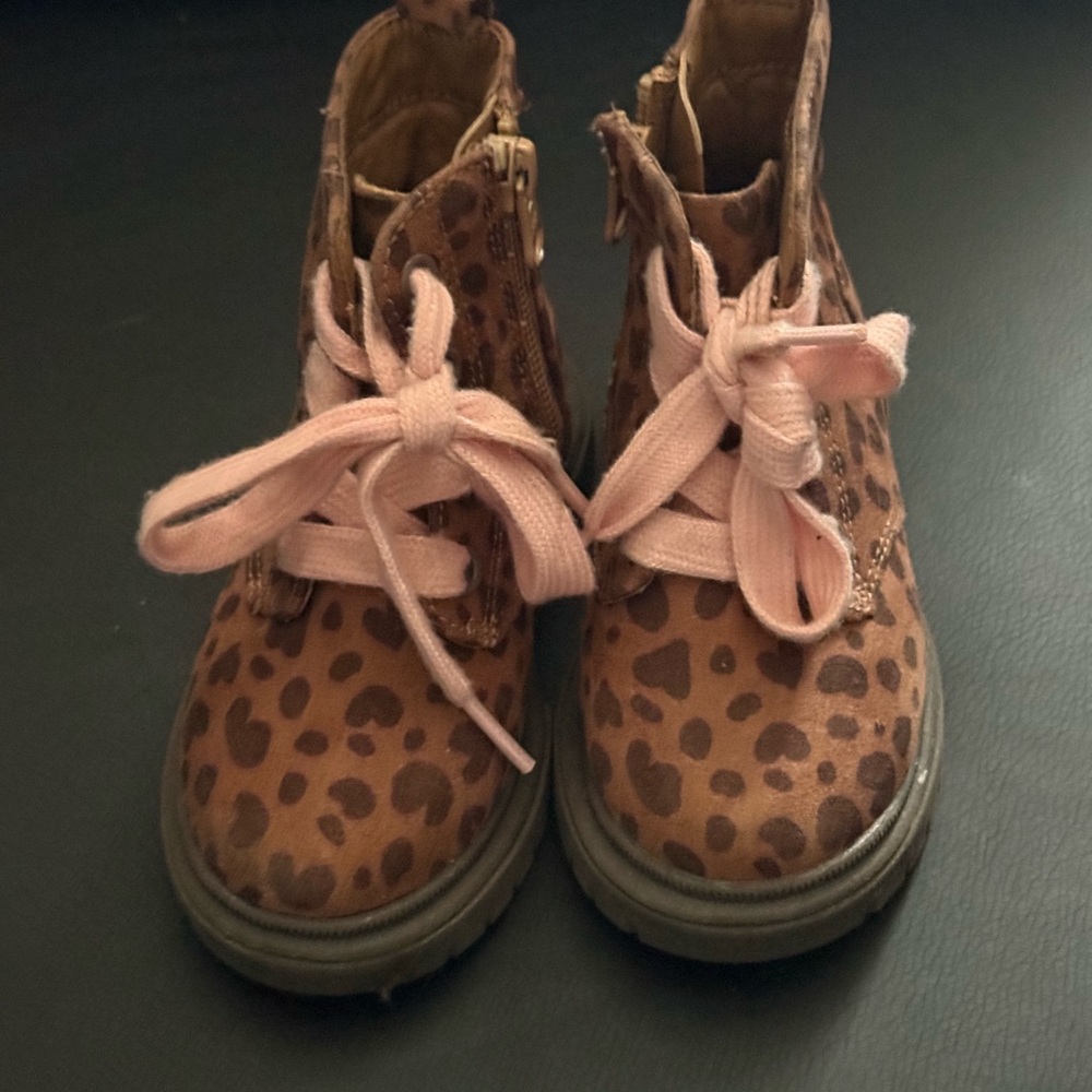 Leopard Print Kids Boots with Pink Laces